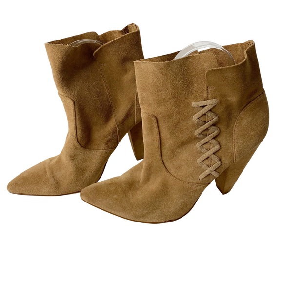 Zara Woman Suede Leather Lace Up Pointy Toe Heeled Booties Tan Cognac Size 39/9 - Picture 6 of 16